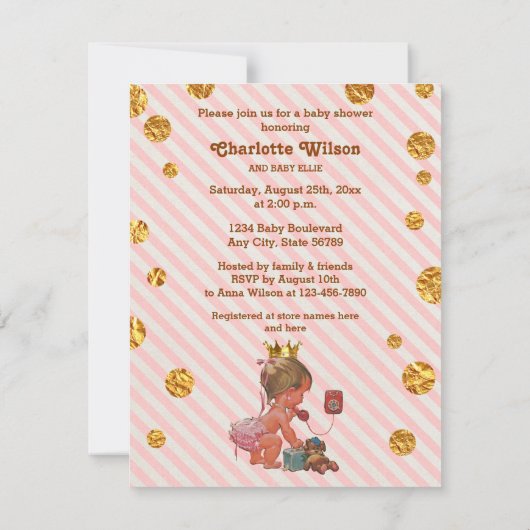 Princess on Phone Stripes Gouden Vlekken Baby show Kaart (Achterkant)