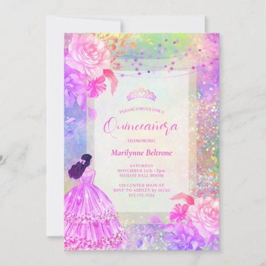 Princess Opal Glitter Rainbow Quinceañera Kaart (Voorkant)