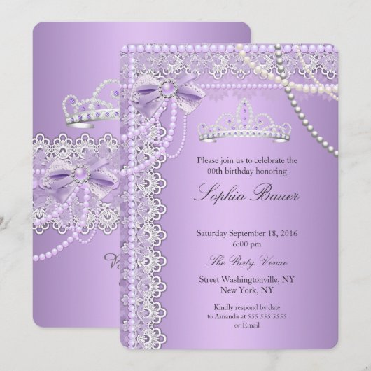 Princess Paars Pearl Bow Lace Birthday Party Kaart (Voorkant / Achterkant)