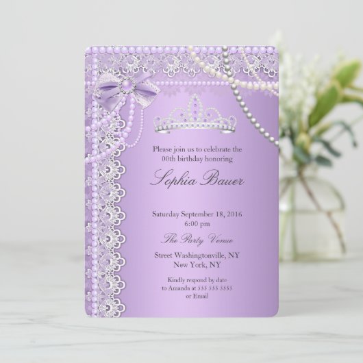 Princess Paars Pearl Bow Lace Birthday Party Kaart (Staand voorkant)
