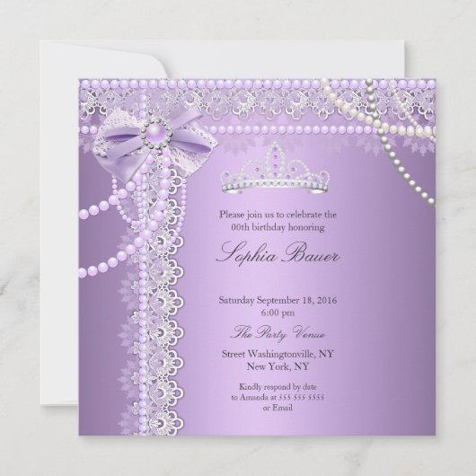 Princess Paars Pearl Bow Lace Birthday Party Kaart (Voorkant)