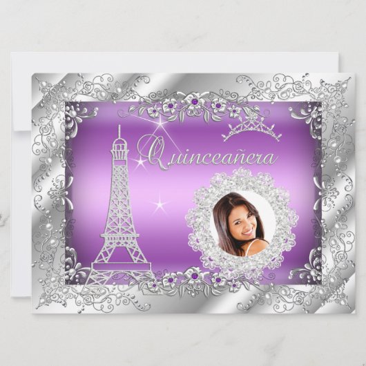 Princess Paars Quinceanera Silver Photo BIG Kaart (Voorkant)