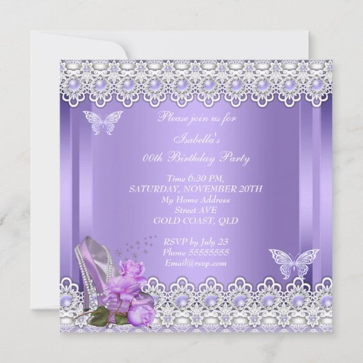 Princess Paarse Pearls Roos High Hiel Birthday Kaart (Achterkant)