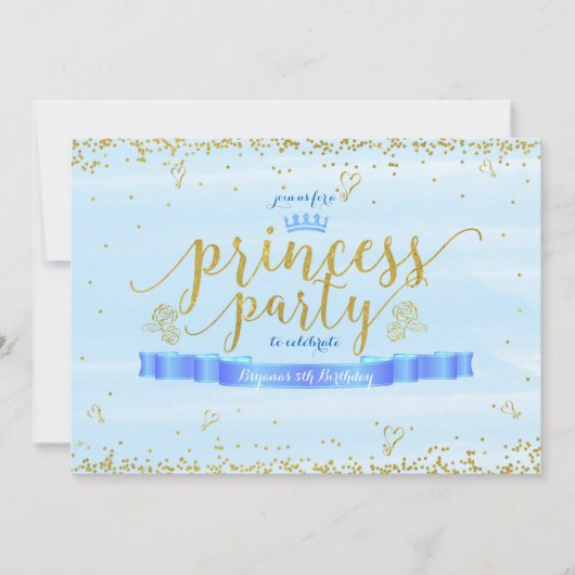 Princess Party Blauw & Goud Verjaardag Uitnodiging (Voorkant)