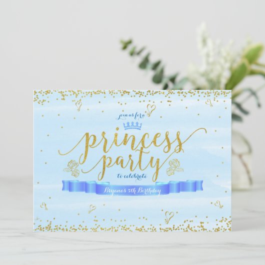 Princess Party Blauw & Goud Verjaardag Uitnodiging (Staand voorkant)