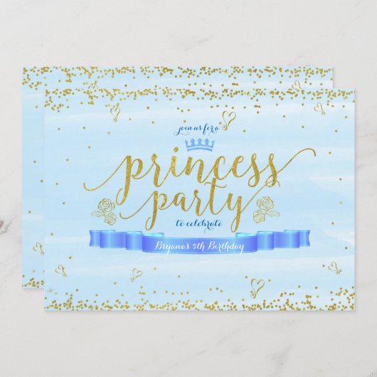 Princess Party Blauw & Goud Verjaardag Uitnodiging (Voorkant / Achterkant)