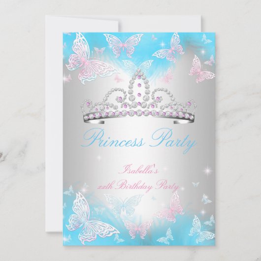 Princess Party Blauwgroen Blue Tiara Pink Butterfl Kaart (Voorkant)