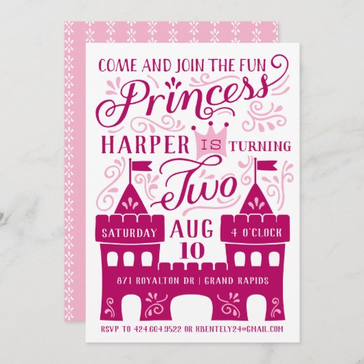Princess Party Girl's Second Birthday Invitations Kaart (Voorkant / Achterkant)