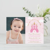 Princess Party Photo Invitations | Roze en goud Kaart (Staand voorkant)
