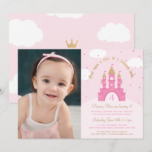 Princess Party Photo Invitations | Roze en goud Kaart (Voorkant / Achterkant)