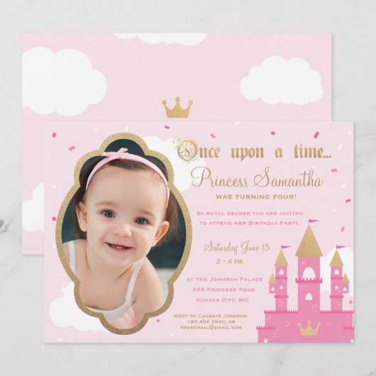 Princess Party Photo Invitations | Roze en goud Kaart (Voorkant / Achterkant)