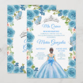 Princess Pastel Blue Rozen & Butterfly Mis Quince Kaart (Voorkant / Achterkant)