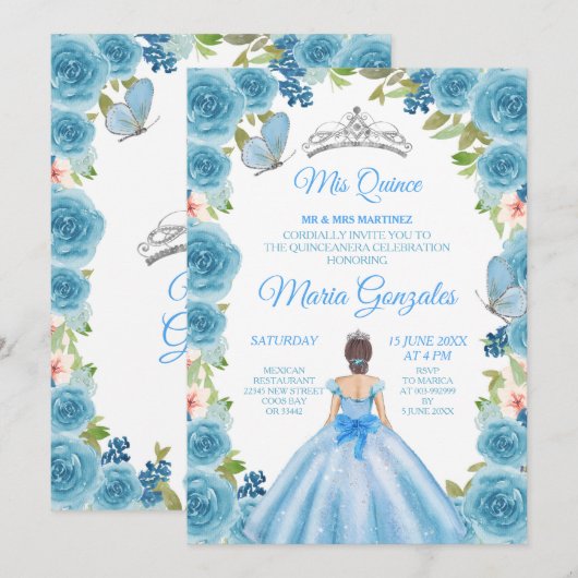 Princess Pastel Blue Rozen & Butterfly Mis Quince Kaart (Voorkant / Achterkant)