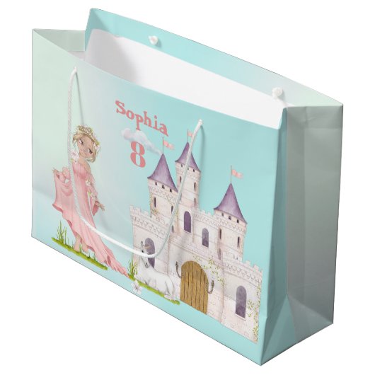 Princess Pink Blue Castle Cute Birthday Groot Cadeauzakje (Voorkant Gekanteld)