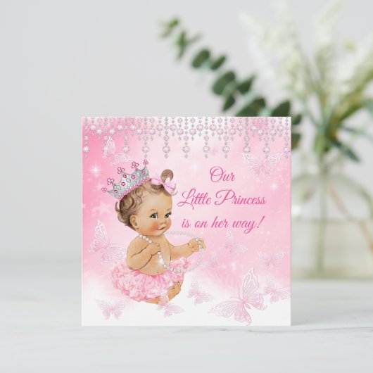 Princess Pink Butterfly Baby shower brunette Kaart (Staand voorkant)