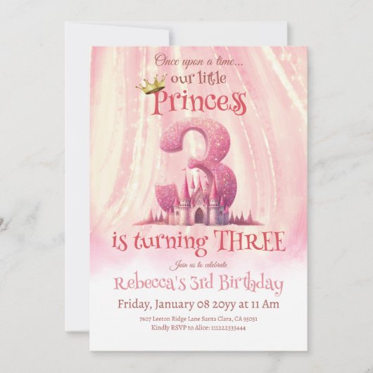 Princess Pink Castle Girl 3e verjaardag Kaart (Voorkant)