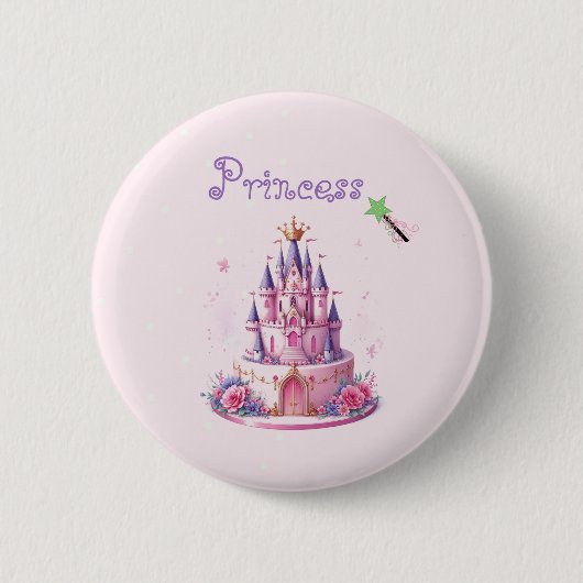 Princess Pink Castle taart en toverstok Ronde Button 5,7 Cm (Voorkant)