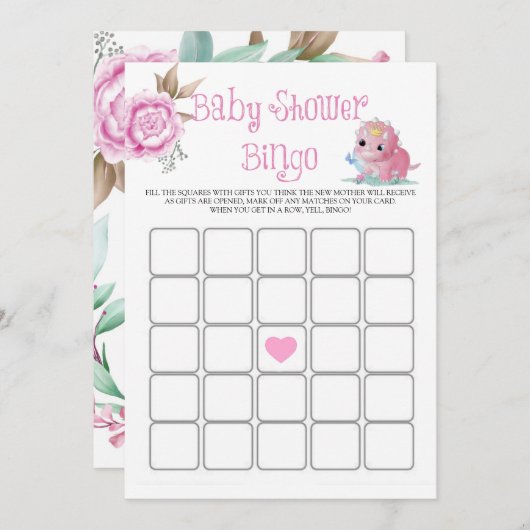 Princess Pink Dinosaur Peony Baby shower Bingo (Voorkant / Achterkant)