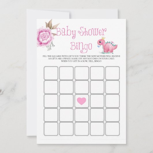 Princess Pink Dinosaur Peony Baby shower Bingo (Voorkant)
