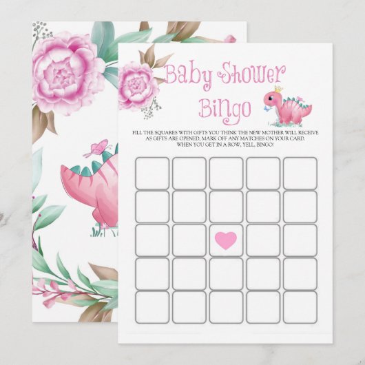 Princess Pink Dinosaur Peony Baby shower Bingo (Voorkant / Achterkant)
