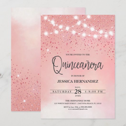 Princess Pink Glitter Sparkles Lights Quinceañera Kaart (Voorkant / Achterkant)