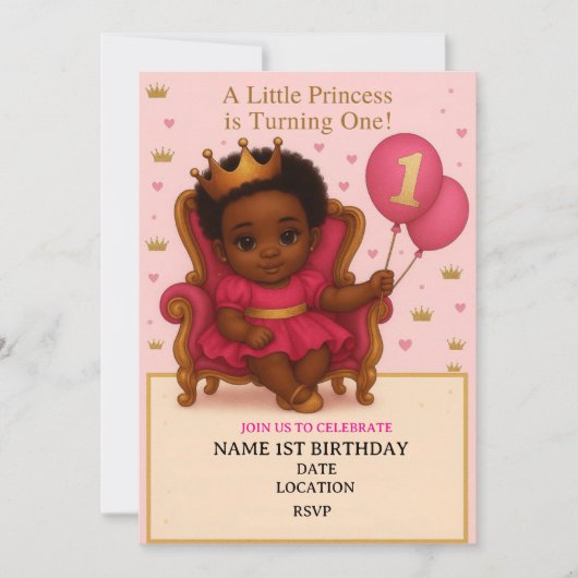Princess Pink & Gold 1st Birthday Invitation (Voorkant)