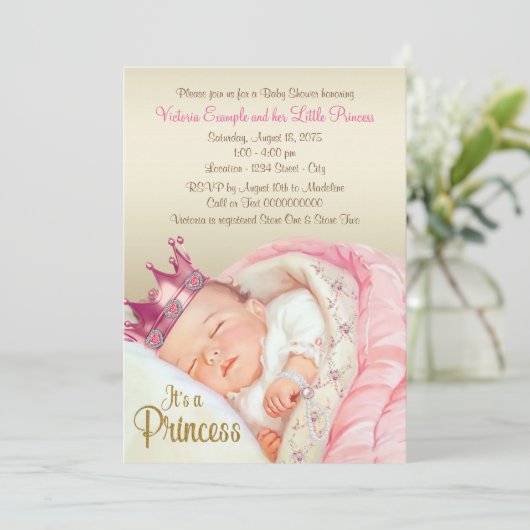  Princess Pink Gold Baby Meisje Douche Kaart (Staand voorkant)
