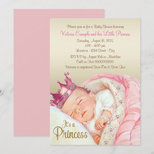 Princess Pink Gold Baby Meisje Douche Kaart (Voorkant / Achterkant)