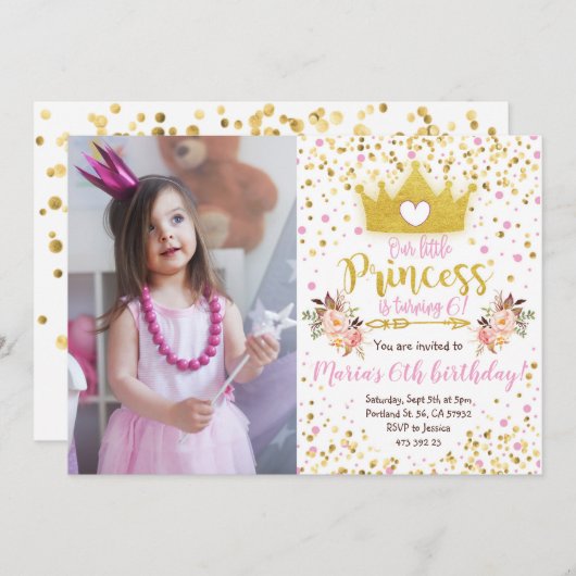 Princess Pink Gold Confetti Birthday Uitnodiging (Voorkant / Achterkant)