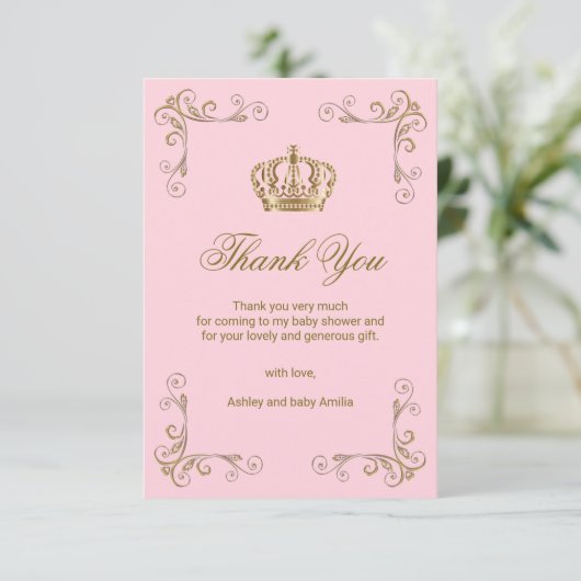 Princess Pink Gold Crown Dank u Baby shower Bedankkaart (Staand voorkant)