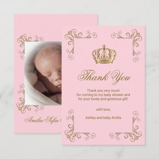 Princess Pink Gold Crown Dank u Baby shower Bedankkaart (Voorkant / Achterkant)