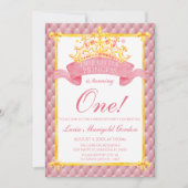 Princess Pink Gold Crown First Birthday Party Kaart (Voorkant)