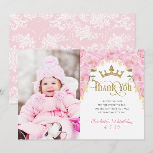 Princess Pink Gold Glitter Floral Hartelijk dank Bedankkaart (Voorkant / Achterkant)