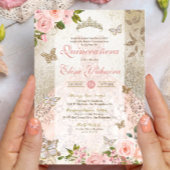 Princess Pink Gold Roos Butterfly Glam Quinceanera Kaart