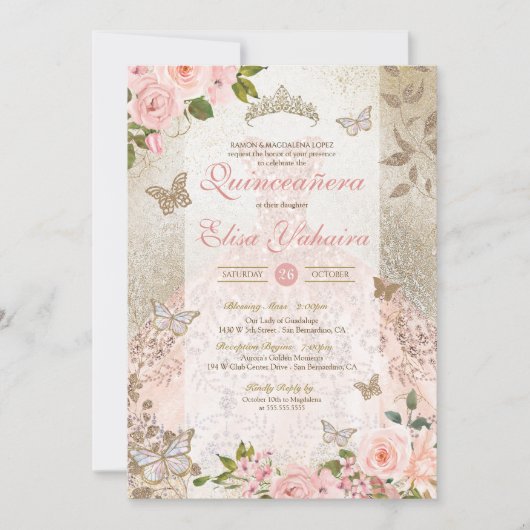 Princess Pink Gold Roos Butterfly Glam Quinceanera Kaart (Voorkant)