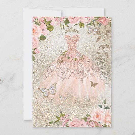 Princess Pink Gold Roos Butterfly Glam Quinceanera Kaart (Achterkant)