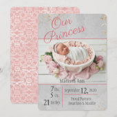 Princess Pink l Gray Baby Girl Geboortedatum Aankondiging (Voorkant / Achterkant)
