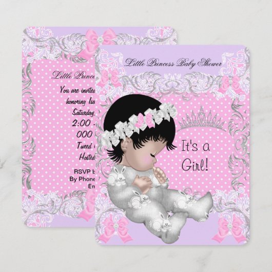 Princess Pink Paars Gray Baby shower Cute Girl 3 Kaart (Voorkant / Achterkant)