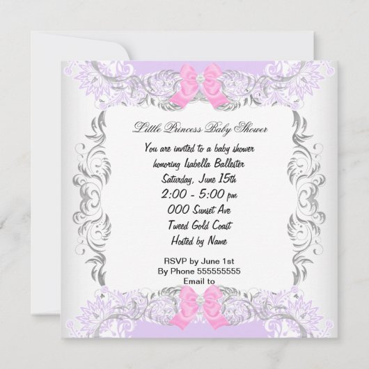 Princess Pink Paars Gray Baby shower Cute Girl Kaart (Achterkant)