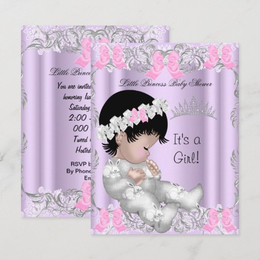 Princess Pink Paars Gray Baby shower Cute Girl Kaart (Voorkant / Achterkant)