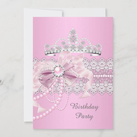 Princess Pink Pearl Bow Lace Birthday Party A Kaart (Achterkant)