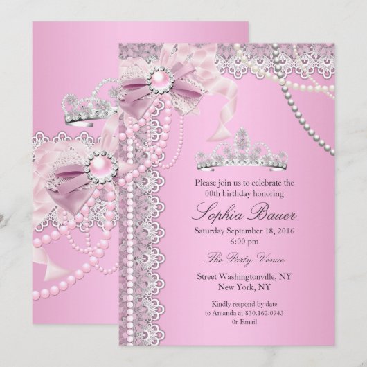 Princess Pink Pearl Bow Lace Birthday Party A Kaart (Voorkant / Achterkant)