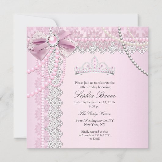 Princess Pink Pearl Bow Lace Birthday Party B Kaart (Voorkant)