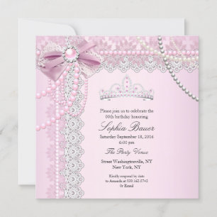 Princess Pink Pearl Bow Lace Birthday Party B Kaart