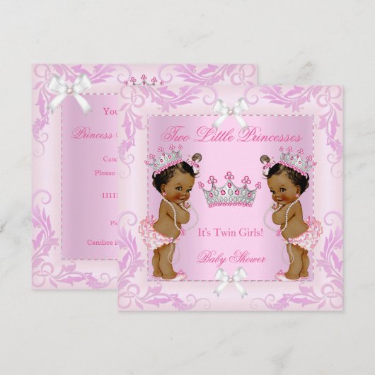 Princess Pink Pearls Twin Baby shower Tiara Ethnic Kaart (Voorkant / Achterkant)