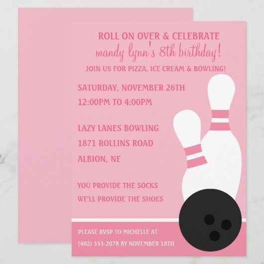 Princess Pink Roll on Over Bowling Birthday Party Kaart (Voorkant / Achterkant)