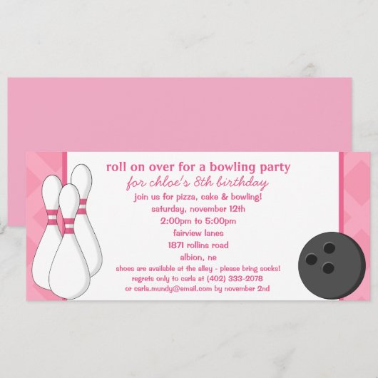 Princess Pink Roll over Bowling Birthday Party Kaart (Voorkant / Achterkant)