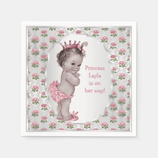 Princess Pink Roses Silver Baby shower Servet (Voorkant)