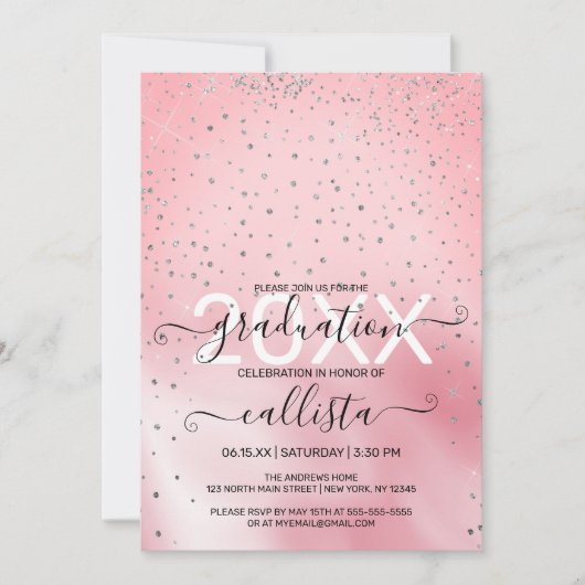 Princess Pink Silver Glitter Confetti Afstuderen Kaart (Voorkant)