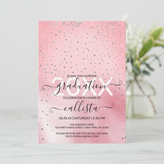 Princess Pink Silver Glitter Confetti Afstuderen Kaart (Staand voorkant)